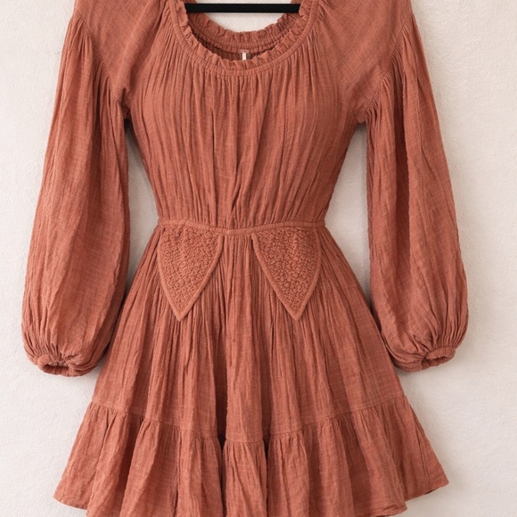Free People Mauve Rust Long Sleeve Smocked Waist Dress - Picture 2 of 3